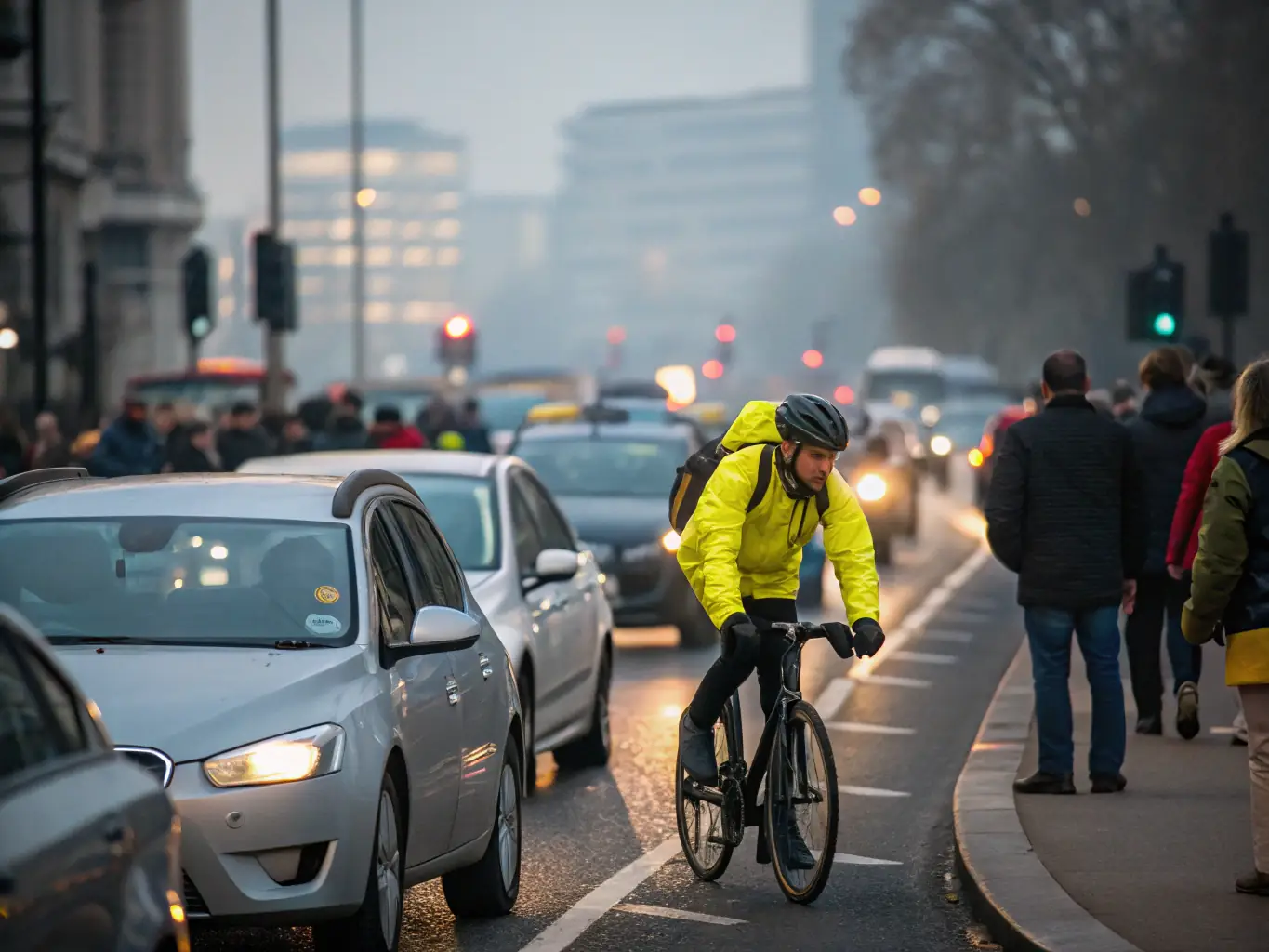 A cyclist commuting in an urban environment, highlighting the use of cycling as a practical and eco-friendly mode of transportation.