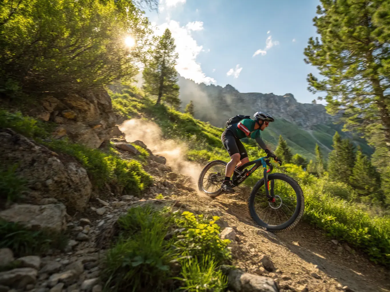 A cyclist riding a mountain bike on a rugged, rocky trail through a dense forest, with trees and foliage surrounding the path. The image should convey a sense of adventure, challenge, and connection with nature.