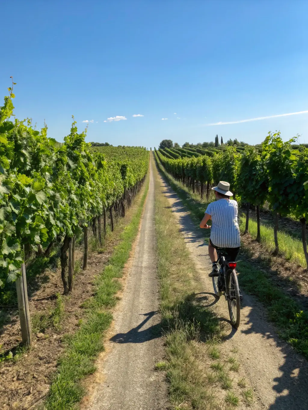 A cyclist riding a gravel bike on a dirt road through vineyards, highlighting the versatility and exploration of gravel riding.