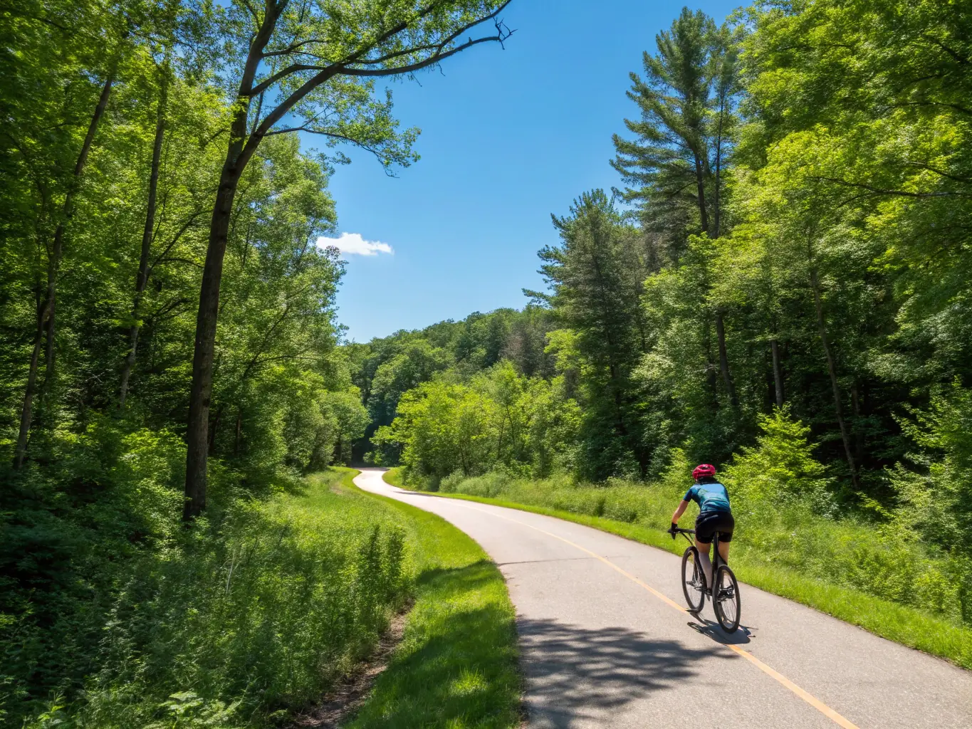 A scenic view of cyclists riding on a paved path through a lush green forest, symbolizing the leisure and recreational aspects of cycling with the organization.
