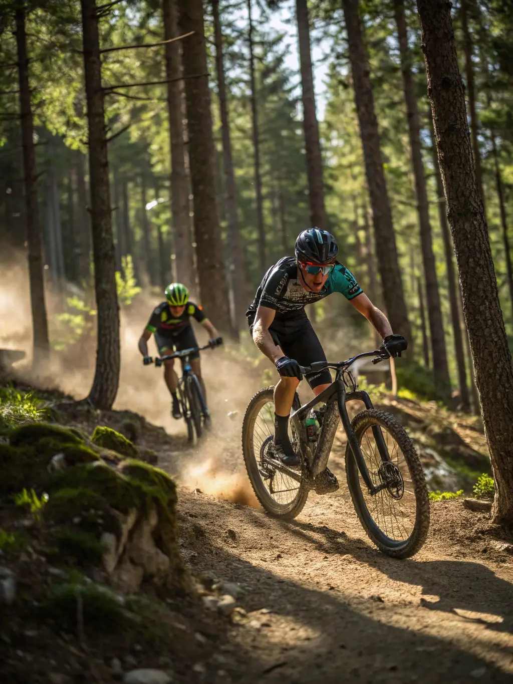 A cyclist riding a mountain bike on a challenging trail in a forest, highlighting mountain biking activities organized by Le COMITÉ DÉPARTEMENTAL DU CHER.